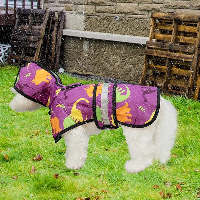 KOOLTAIL Dog Raincoat Hooded Slicker Poncho with Leash Hole, Raincoat for Small Medium Dogs, Waterproof Doggie Rain Jacket with Reflective Strip, Adjustable Breathable Puppy Rainwear-Dinosaur Cartoon