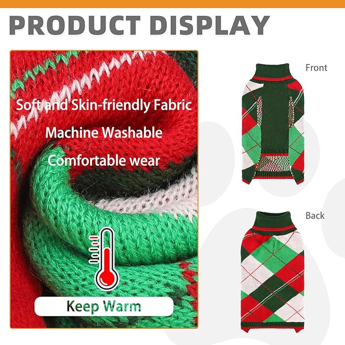 KOOLTAIL Dog Christmas Sweater Pet Knitted Clothes - Classic Plaid Pull Over Turtleneck Dog Sweaters with Leash Hole Warm Dogs Winter Clothing for Small Medium Dogs Cats Puppy Boy Girl Red & Green L