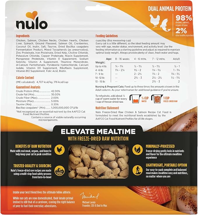 Nulo Freestyle Freeze-Dried Raw, Ultra-Rich Grain-Free Dry Cat Food for All Breeds and Life Stages with BC30 Probiotic for Digestive and Immune Health, Chicken & Salmon, 5.5 Ounce