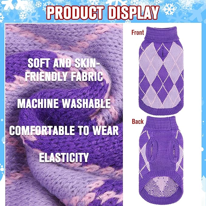 KOOLTAIL Small Dog Sweater, Knit Turtleneck Cold Weather Dog Sweaters for Medium Large Dogs,Soft Diamond Plaid Pullover Knitwear Pet Winter Warm Clothes,Pet Coat Puppy Sweater for Girls Boys,Purple S