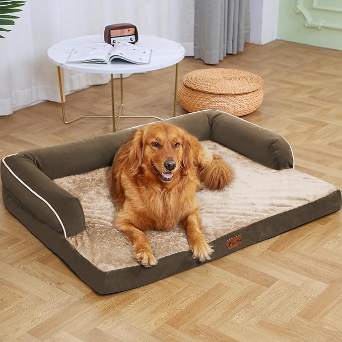 Orthopedic Dog Beds for Large Dogs, Waterproof Dog Beds, Egg-Crate Foam Dogs Couch Beds, Comfy Bolster Pet Bed with Removable Washable Cover, Nonskid Bottom (Large,Brown)