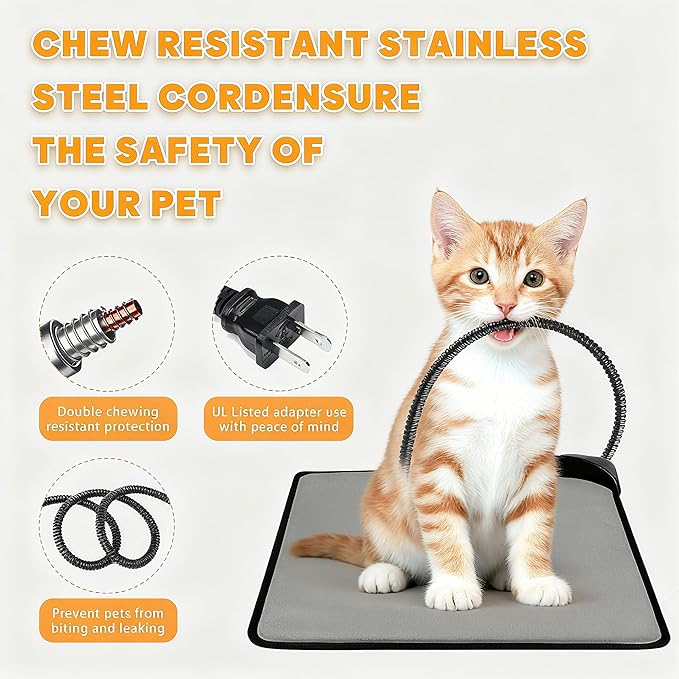 Pet Heating Pad for Cats & Dogs,Safe Electric Cat Warming Pad with Chew Resistant Cord,Automatic Induction Heated Cat Bed,Adjustable Temperature & Time (17.7" x 17.7")