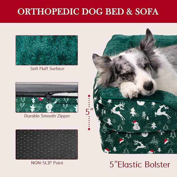 Comfort Expression Orthopedic Dog Bed for Extra Large Dogs 42x30 Inch, Waterproof Supportive Memory Foam XL Pet Bed with Removable Bolsters, Dog Couch with Washable Cover & Non-Slip Bottom, Green