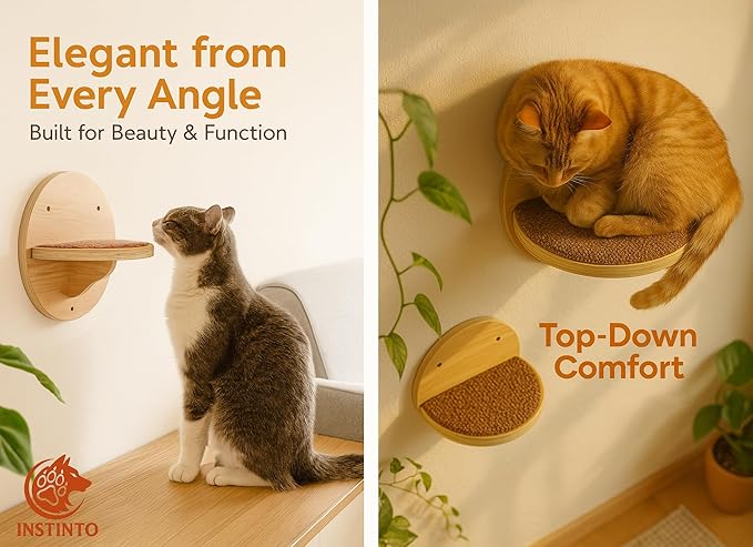 Cat Wall Shelves Set - Modern Round Floating Wall Steps with Scratch Pads (Set of 4)-Decorative Wall-Mounted Furniture for Climbing, Playing & Resting by INSTINTO