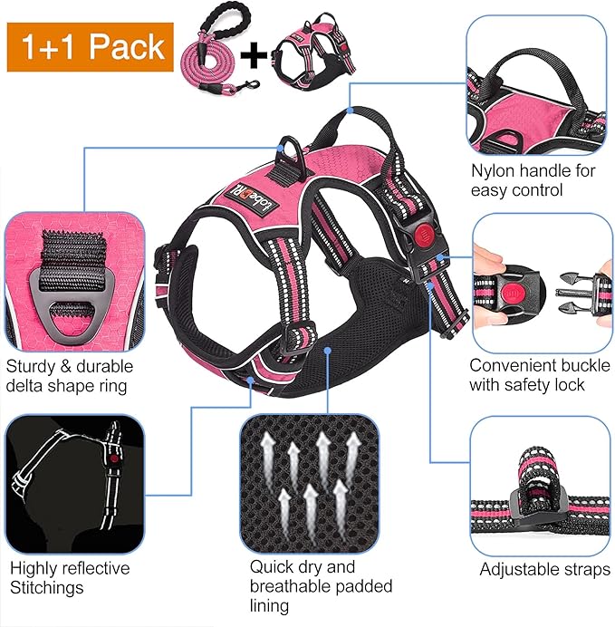 No Pull Harness with A Free Heavy Duty 5ft Leash for Medium Large Dog Adjustable Reflective Oxford Easy Control (L (Neck: 18"-25.5", Chest: 25.5"-31"), Pink Harness+Leash)