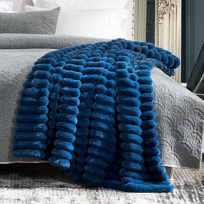 Cozy Bliss Faux Fur Throw Blanket for Couch, Cozy Warm Plush Striped Blanket for Sofa Bedroom Living Room, 60 * 80 Inches Navy Blue