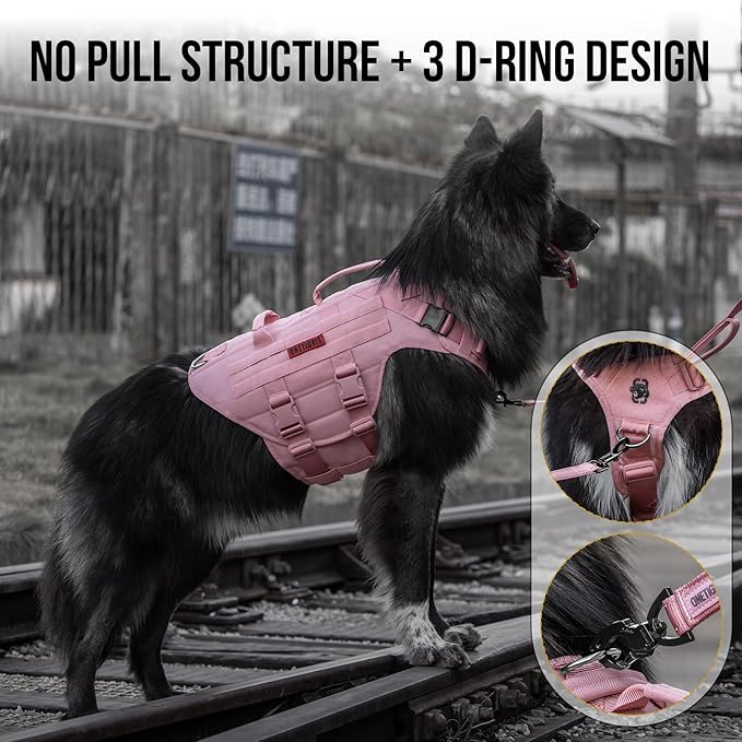 OneTigris Large Tactical Dog Harness, No Pulling Adjustable Dog Vest Harness, Heavy Duty Dog Harness with Handle, Large Hook and Loop Panels for Patch(Pink,L