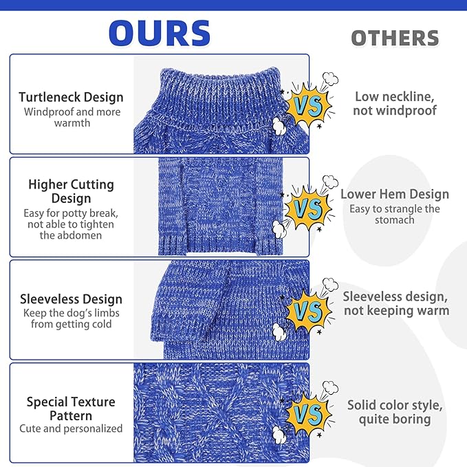 KOOLTAIL Dog Sweater for Large Medium Small Dogs, Fall Dog Sweaters, Turtleneck Cable Knitwear Pet Cold Weather Coats with Leash Hole, Warm Winter Pullover Clothes for Bulldog, Yorkie,Boy Girl, Blue M