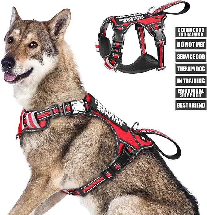 WINSEE Service Dog Vest No Pull Dog Harness with 7 Dog Patches, Reflective Pet Harness with Durable Soft Padded Handle for Training Small, Medium, Large, and Extra-Large Dogs (X-Large, Red)