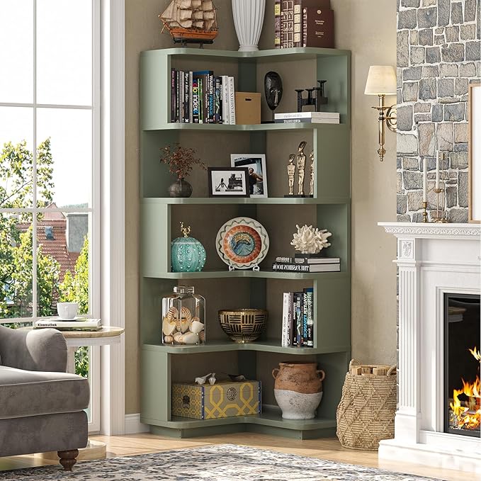 Armocity Corner Book Shelf - 6 Tier Corner Bookshelf Etagere Bookcase with Baffle, Freestanding L Shaped Display Shelf Stand for Home Office, Living Room, Bedroom, Kitchen, Crab Green