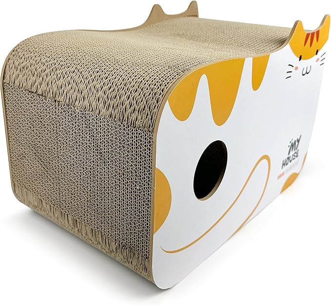 TTCAT Cute Kawaii Cat House Cat Scratching Pad Corrugated Cardboard Cat Scratcher Lounge, Durable Cat Scratching Board with Catnip for Furniture Protection.Yellow+White