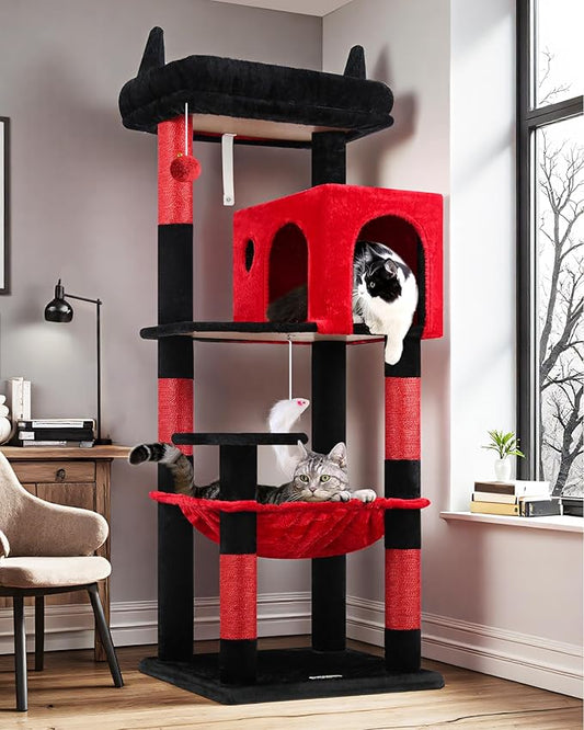 Globlazer Gothic Cat Tree Tower with Scratching Post for Indoor Cats, 53inch Tall Plush Multi-Level Cat Climbing Tower Condo with Large Hammock, Spacious Cat Cave, Padded Top Perch, F53, Red Black
