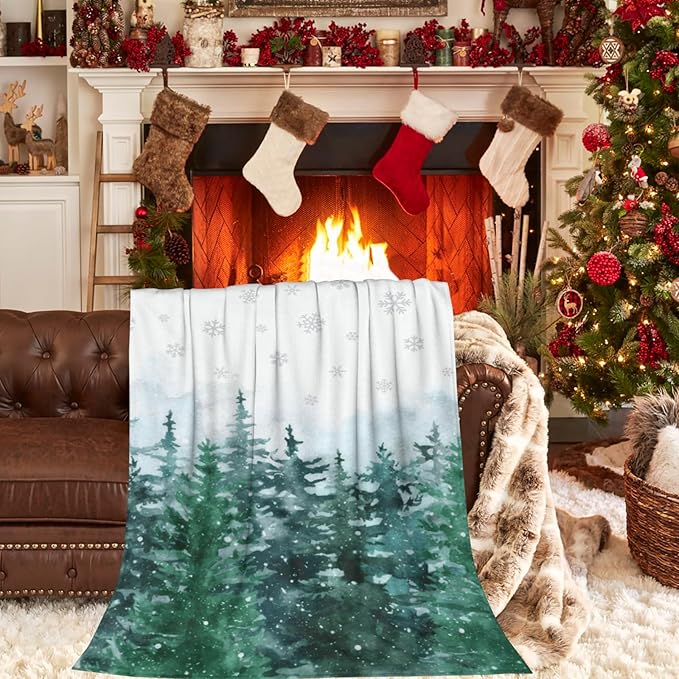 Christmas Throw Blanket Pine Tree Forest, Xmas Winter Snowflake Snowy Soft Blanket, Lightweight Warm Cozy Fleece Blanket for Couch Sofa Bed Holiday Decorations 40" x 50"