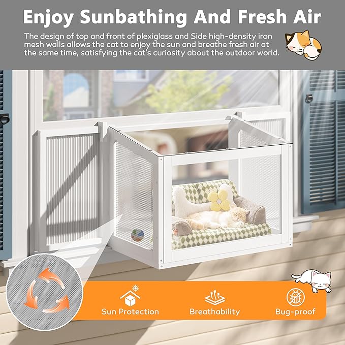 Cat Window Box, Adjustable Window Cat Perch Catio, Wooden Window Catio for Indoor Cats, 304 Iron Mesh, Fits Vertical Window Frames 26" to 42" Wide, Sunbathing, Overlooking, White