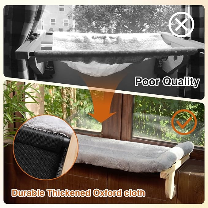 Oversized Cat Window Perch, 31.5 x 14.96 in, Cat Window Hammock with Plush Bolster for Large Felines and Multi Felines, Adjustable Cats Bed for Windowsill, Bedside, Cabinet & Drawer (Gray)