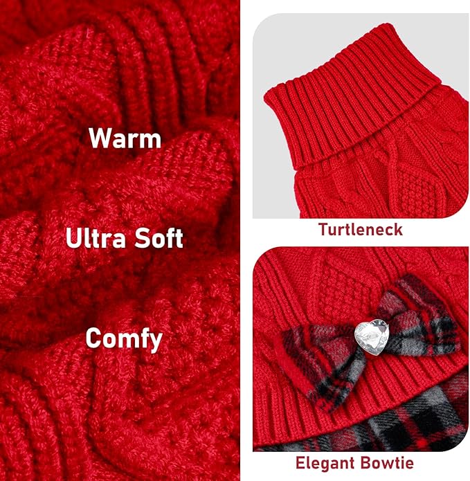 KYEESE Dog Sweater Stretchy Cat Sweaters Warm Pullover Pet Coats Thick Dogs Clothes with Bowtie Soft Turtleneck Pet Sweater Dress Comfy Knitwear Dog Sweaters for Small Dogs Girl, Red, Medium