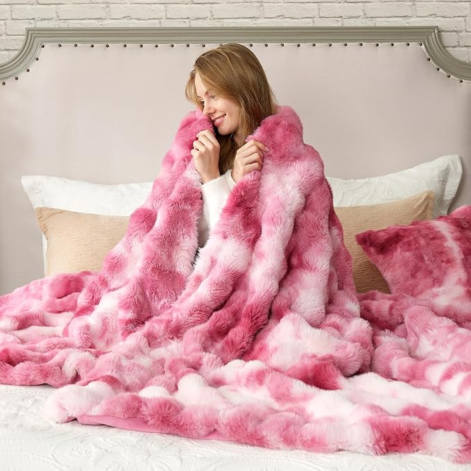 Cozy Bliss Faux Fur Throw Blanket for Couch, Bubble Plush Blanket Queen Size, Fuzzy Soft & Thick Blanket for Bed Sofa Living Room, 90x90 Inches Tie-dye Pink