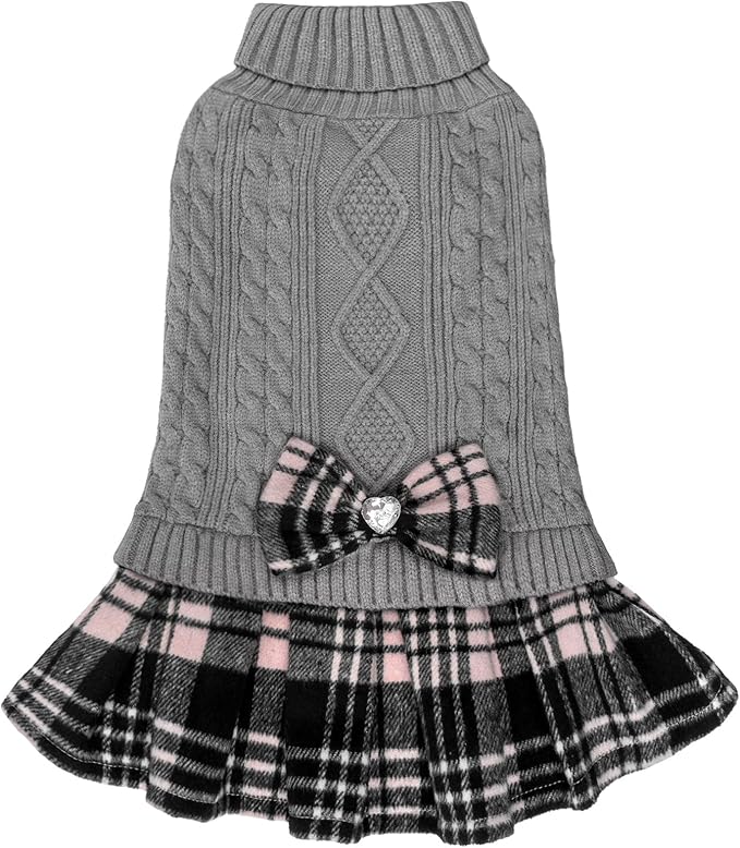 KYEESE Dog Sweater Stretchy Knitwear Pet Sweater Dress Soft Turtleneck Cat Sweaters Warm Pullover Pet Coats Comfy Dogs Clothes with Bowtie Thick Dog Sweaters for Small Dogs Male, Grey, X-Large