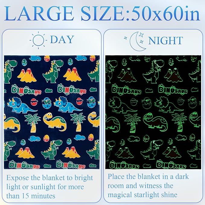Glow in The Dark Dinosaur Blanket Gifts for 1-10 Year Old Boys Girls ,Dino Soft Kids Blankets,Dino Party Blankets,Luminous Toys Birthday Christmas Halloween Thanksgiving Easter Gifts,60 x 50in