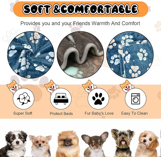 Rezutan Dog Blankets for Medium Pet, 3 Pack Blanket Fuzzy Cat Blankets Washable, Soft Comfort Flannel, Reversible Dog Paw Print, Gifts Puppy Essentials, 30 x 20 inch, 2Blue & 1Gray