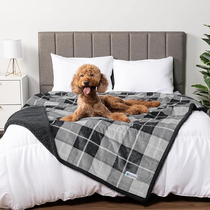 PetAmi Waterproof Dog Blanket for Medium Large Dog Puppy Cat Throw for Couch Cover Leakproof Protection, Sherpa Fleece, Reversible Soft Washable 60x40 Plaid Charcoal Gray