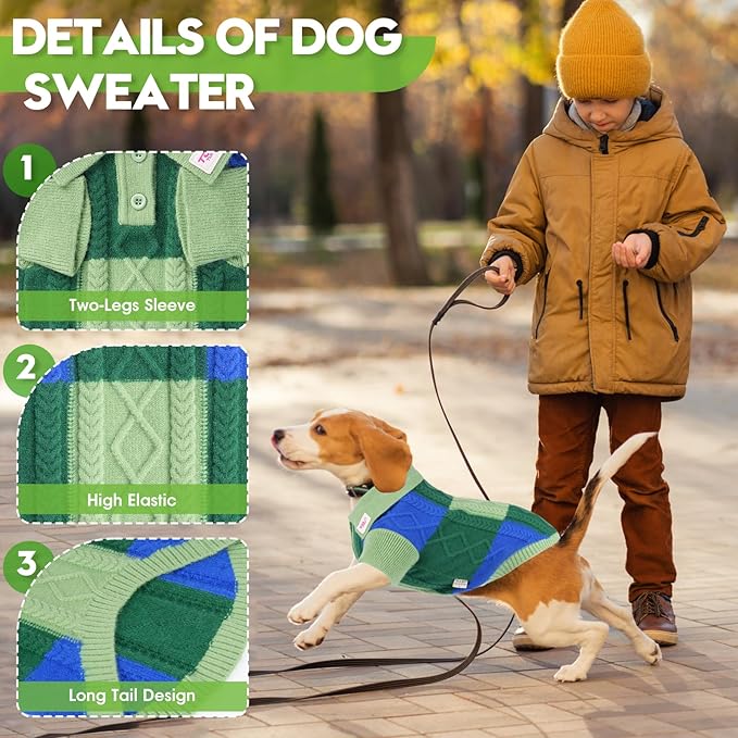 Pullover Dog Sweater,Half Chest Lapel Design Pet Sweaters for Dogs Boys or Girls,Pet Knitted Dog Clothes,Pet Clothing,Suitable for Various Sizes or Breeds Dogs Sweaters(Green Group M)