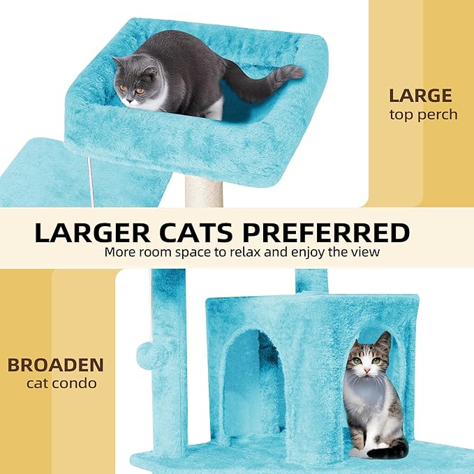Cat Tree 54-Inch Cat Tower with Padded Plush Perch 2 Comfy Caves, Scratching Posts, Basket, 2 Pompoms, Multi-Level Plush Cat Condo for Indoor Cats Kittens, Blue