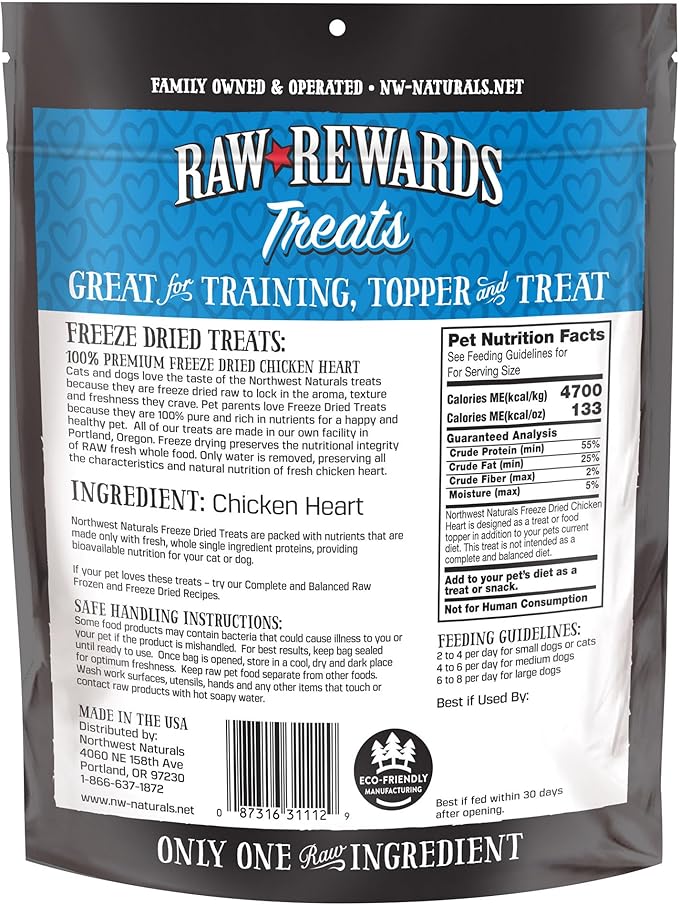 Northwest Naturals Raw Rewards Freeze-Dried Chicken Heart Treats for Dogs and Cats - Bite-Sized Pieces - Healthy, 1 Ingredient, Human Grade Pet Food, All Natural, Proudly Made in USA, 3 Oz