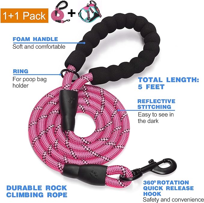 No Pull Harness with A Free Heavy Duty 5ft Leash for Medium Large Dog Adjustable Reflective Oxford Easy Control (L (Neck: 18"-25.5", Chest: 25.5"-31"), Pink/Blue Harness+Leash)