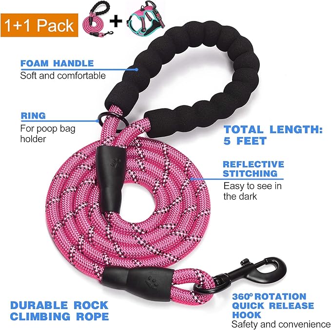 No Pull Dog Harness Adjustable Reflective Oxford Easy Control Medium Large Dog Harness with A Free Heavy Duty 5ft Dog Leash (S (Neck: 14"-17", Chest: 18.5"-20"), Pink/Blue Harness+Leash)