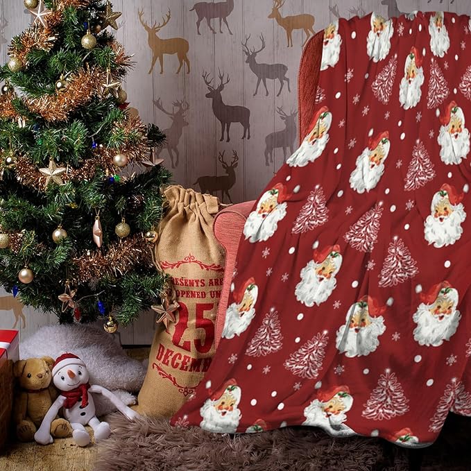 Christmas Santa Claus Throw Blankets, Xmas Soft Lightweight Anti Pilling Aldult Fleece Blanket for Women, 50x60 Inches Winter Tree Snowflake Red Decorative Blanket for Chair Couch Living Bedroomn