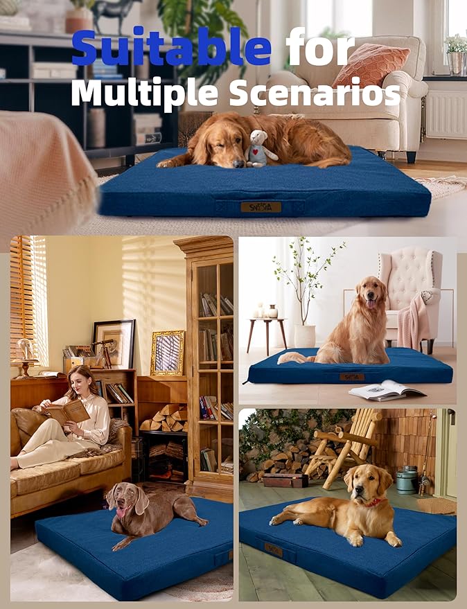 Sytopia 50'' Chew Proof Indestructible Dog Bed - XXL Outdoor Waterproof Dog Bed for Extra Large Dogs, Washable and Orthopedic, Tear Proof Crate Pad, Supports up to 130 lbs, Navy Blue