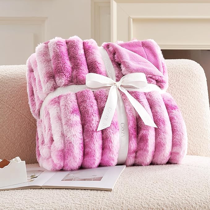 Cozy Bliss Faux Fur Throw Blanket for Couch, Cozy Warm Plush Striped Blanket for Sofa Bedroom Living Room, 50 * 60 Inches Tie-dye Pink