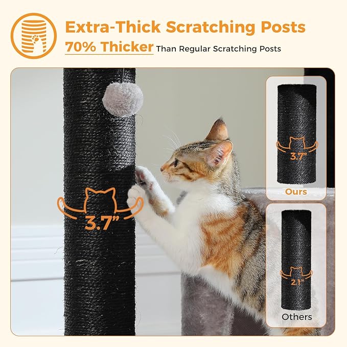 Large Cat Tree for Indoor Cats Large Adult, 57.8" Heavy Duty Cat Tower with 4 Reinforced Scratching Posts (φ3.7in) and Plush Larger Hammock for Maine Coon & Big Cats, Supports 30lbs, Black