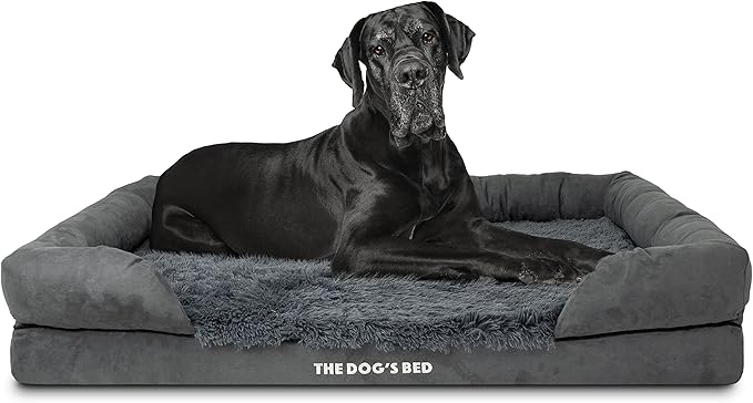The Dog’s Bed, XXL Grey Fur Memory Foam, Pain Relief: Arthritis, Hip & Elbow Dysplasia, Post Surgery, Lameness, Supportive, Calming, Waterproof, Washable Cover