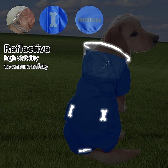 Waterproof Dog Raincoat, Adjustable Reflective Lightweight Pet Rain Clothes with Poncho Hood (X-Small, Blue)