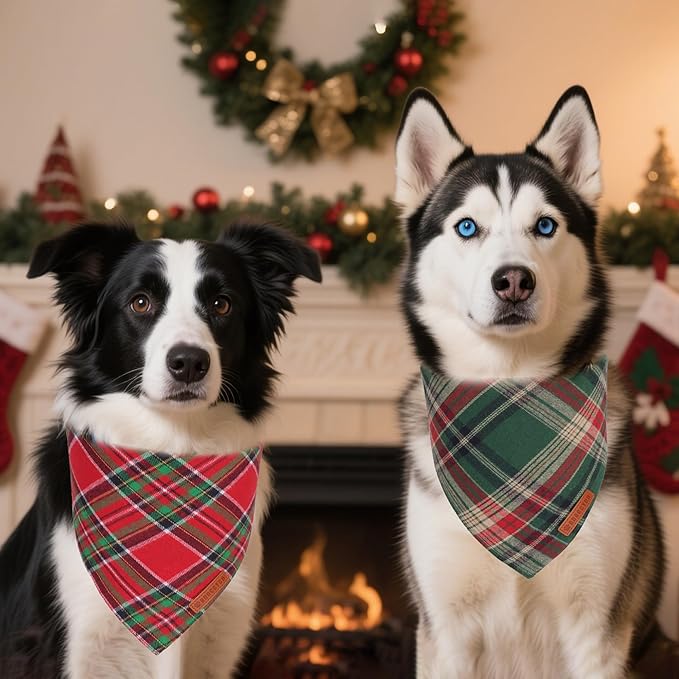 ADOGGYGO 4 Pack Plaid Dog Bandanas Fall Halloween Thanksgiving Christmas, Premium Cotton Fabric, Red Green Orange Blue Plaid Bandanas for Medium Large Dogs (Large)