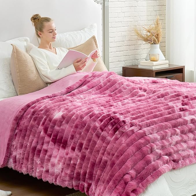Cozy Bliss Faux Fur Throw Blanket for Couch, Cozy Warm Plush Striped Blanket for Sofa Bedroom Living Room, 108 * 90 Inches Tie-dye Pink