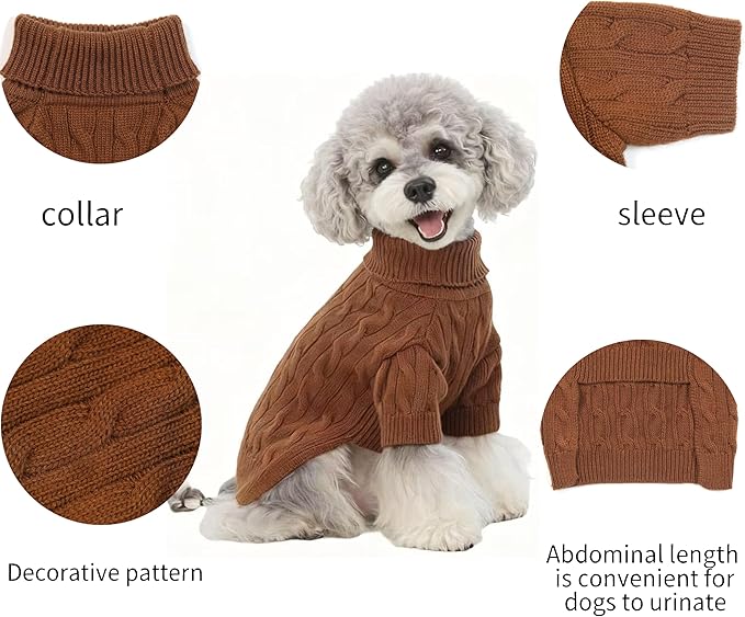 Small/Medium Dog Sweater, Warm Dog Winter Coat w/Sleeves, Comfortable High Neck Premium Dog Clothes for Mini Poodle-Best for Holidays, Daily Walks S Brown