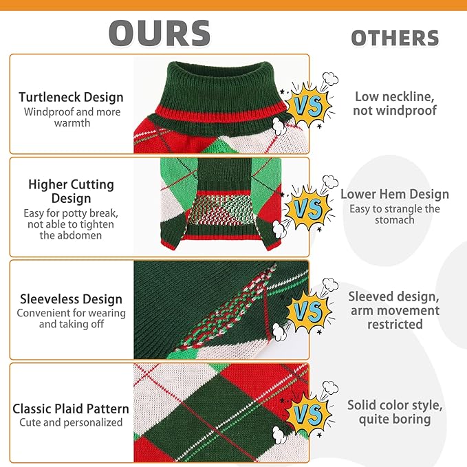 KOOLTAIL Dog Christmas Sweater Pet Knitted Clothes - Classic Plaid Pull Over Turtleneck Dog Sweaters with Leash Hole Warm Dogs Winter Clothing for Small Medium Dogs Cats Puppy Boy Girl Red & Green S