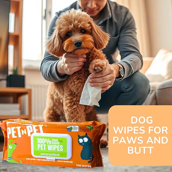PET N PET 100% Plant Based Dog Wipes for Paws and Butt, 100 Counts Hypoallergenic Unscented Dog Pet Wipes, 8" x 8"