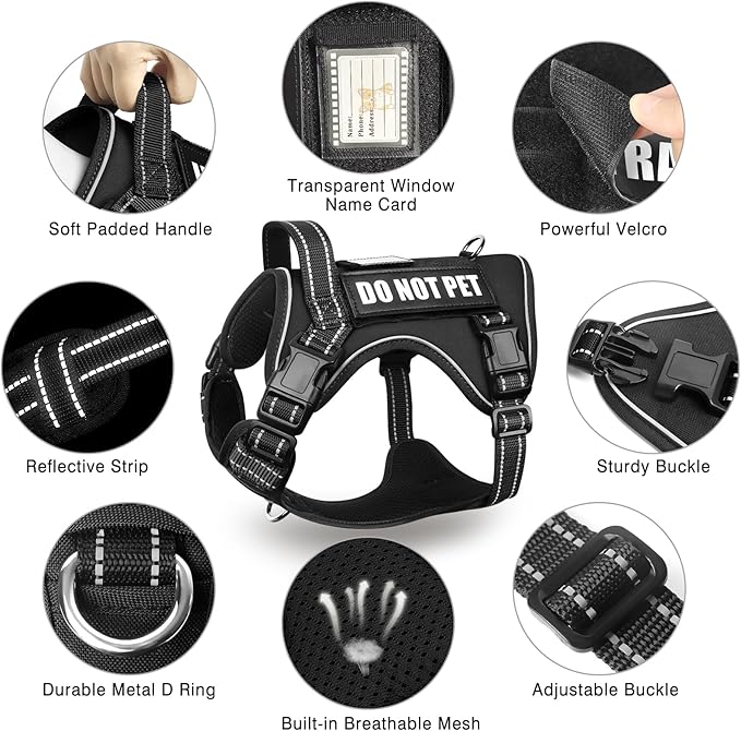 Tactical Dog Harness and Leash Set for Large Dogs,Heavy Duty No Pull Service Dog Vest and 10 Patches with Dog Seat Belt,Reflective Adjustable Pet Harness for Training Walking Hiking Black XL