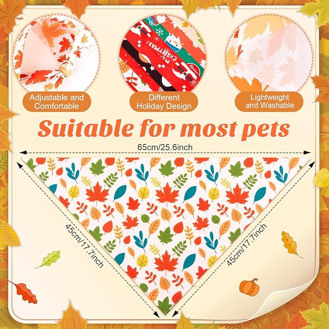 Chunful 60 Pcs Holiday Bandanas Bulk for Dogs Fall Halloween Thanksgiving Christmas Santa Soft Bibs Adjustable Triangle Doggie Scarf for Small Medium Large Pet Costume(25.6 x 17.7 x 17.7 Inch)