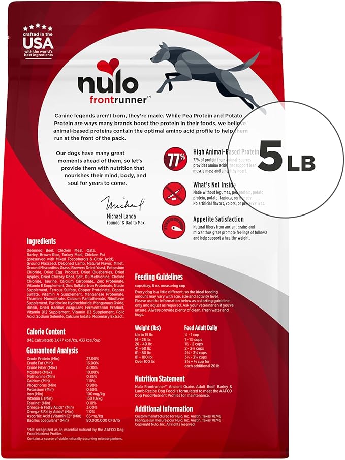 Nulo Frontrunner Ancient Grains High-Protein Dog Food, Beef, Barley, & Lamb Recipe- Natural Dry Dog Food with Probiotics, Grain-Inclusive Kibble for Adult Dogs, 5 lb Bag