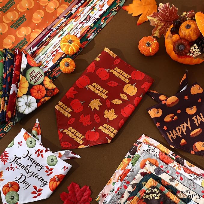 Kacctyen 200 Pcs Fall Dog Bandanas Bulk Thanksgiving Scarfs Adjustable Washable Pet Bibs Holiday Pet Costume Accessories for Small Medium Large Dogs Cats Grooming Supplies