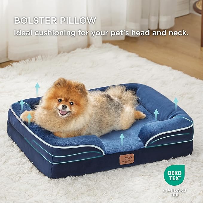 Bedsure Orthopedic Dog Beds for Small Dogs - Washable Small Dog Cat Bed Waterproof, Comfort Pet Couch Sofa with Washable Removable Cover, Pets Bed with Nonskid Bottom, Blue Navy, 24"