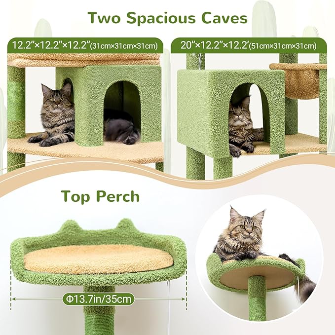 Globlazer S72 Heavy Duty Cactus Cat Tree for Large Cats, Sturdy 72in Maine Coon Cat Tree with 6 Scratching Posts, Hammock