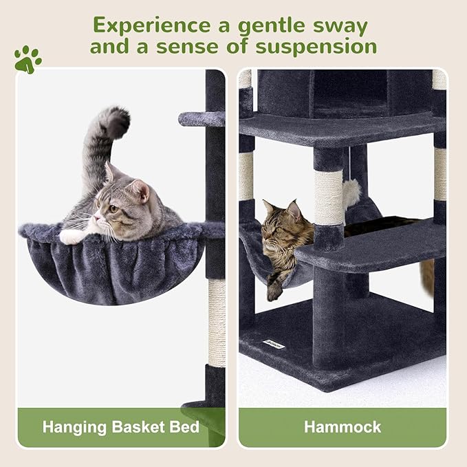 Globlazer Corner Cat Tree for Large Cats, 66inch Tall Curved Series Large Cat Tower for Multiple Indoor Cats with 6 Scratching Posts, 2 Spacious Cat Condos, Hammock, Hanging Basket, C66, Dark Grey