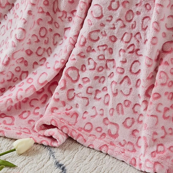 FY FIBER HOUSE Flannel Fleece Leopard Print Throw Blanket, Super Soft Lightweight Queen Size Bedspreads, 90"X90", Pink