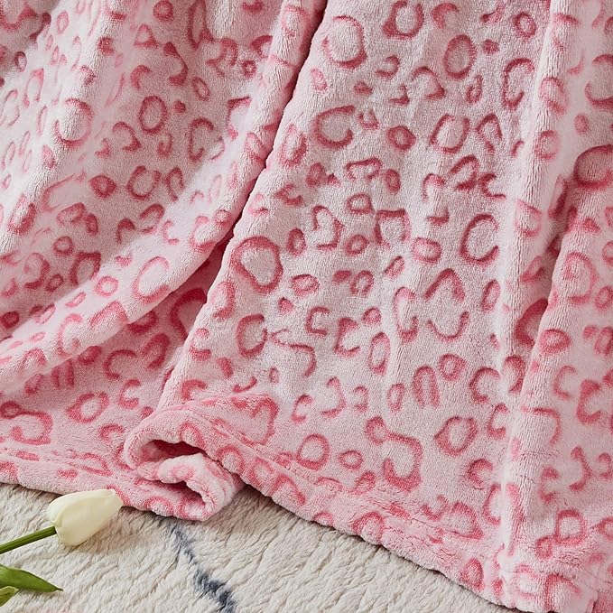 FY FIBER HOUSE Flannel Fleece Leopard Print Throw Blanket, Super Soft Lightweight Fluffy Throw for Couch, 60"X80", Pink